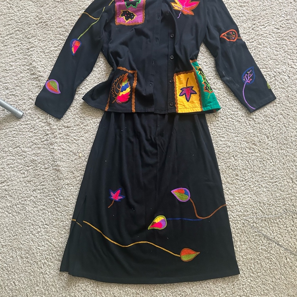 Vintage Michael Simon Black Embroidered Two Piece Set, Cardigan and Maxi skirt